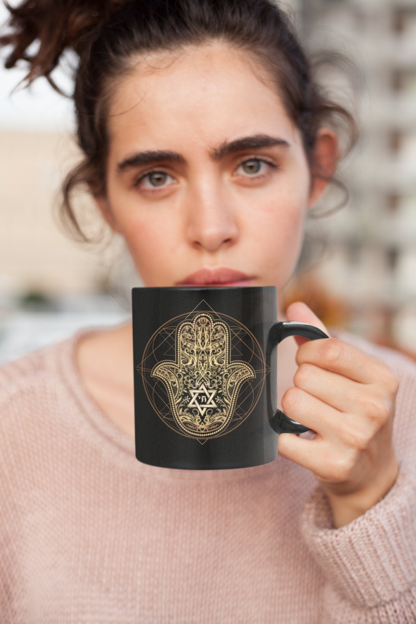Hamsa Kabbalah Black and Gold Mug