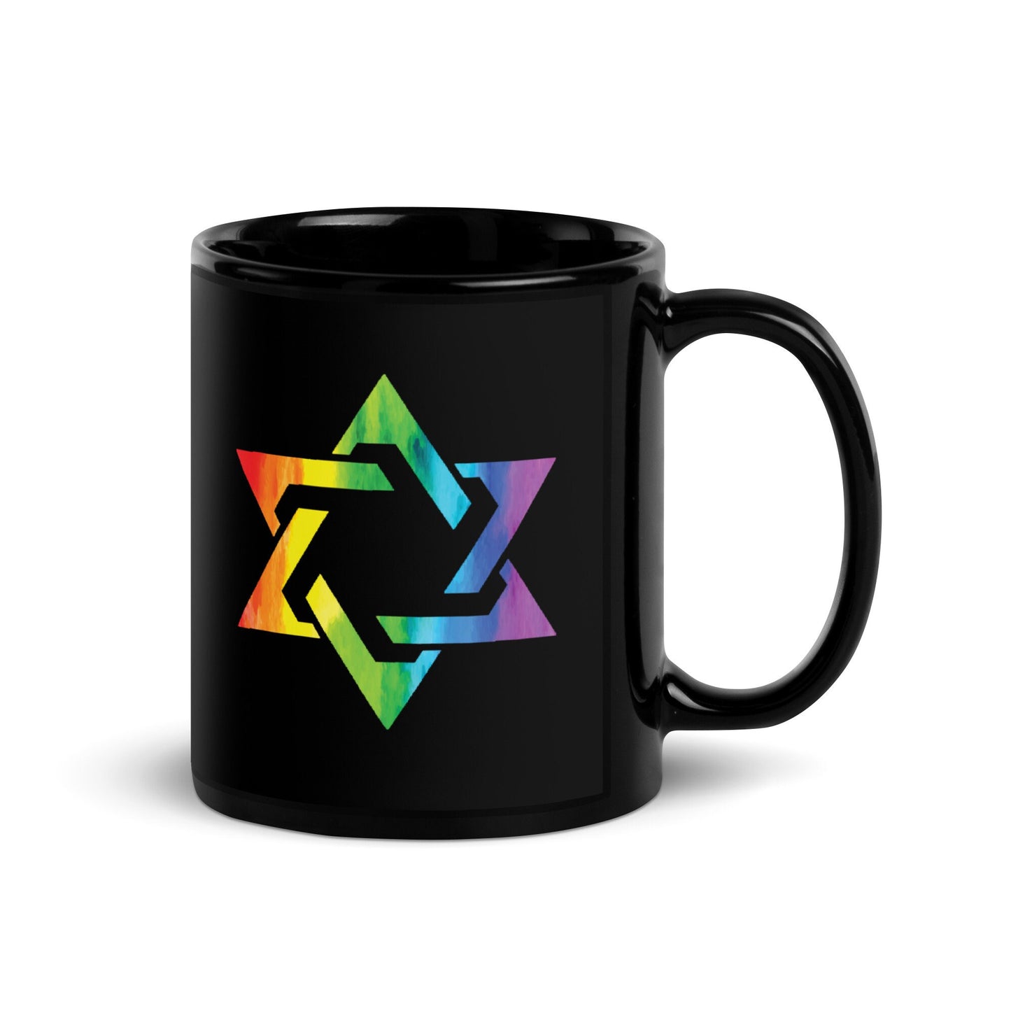 Pride Rainbow Mogen David Jewish Star on Black Mug, LGBTQIA Gay Queer