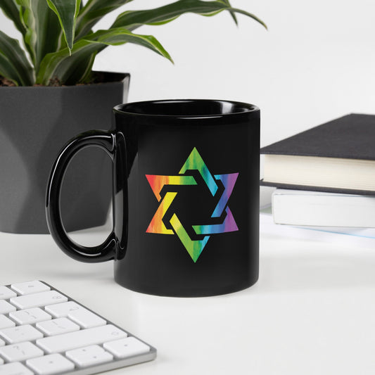 Pride Rainbow Mogen David Jewish Star on Black Mug, LGBTQIA Gay Queer