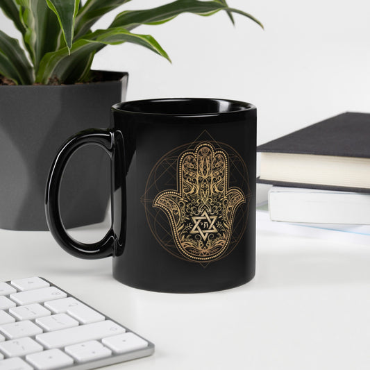 Hamsa Kabbalah Black and Gold Mug