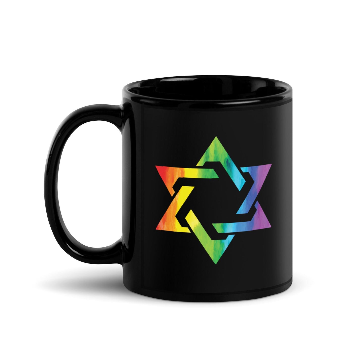 Pride Rainbow Mogen David Jewish Star on Black Mug, LGBTQIA Gay Queer