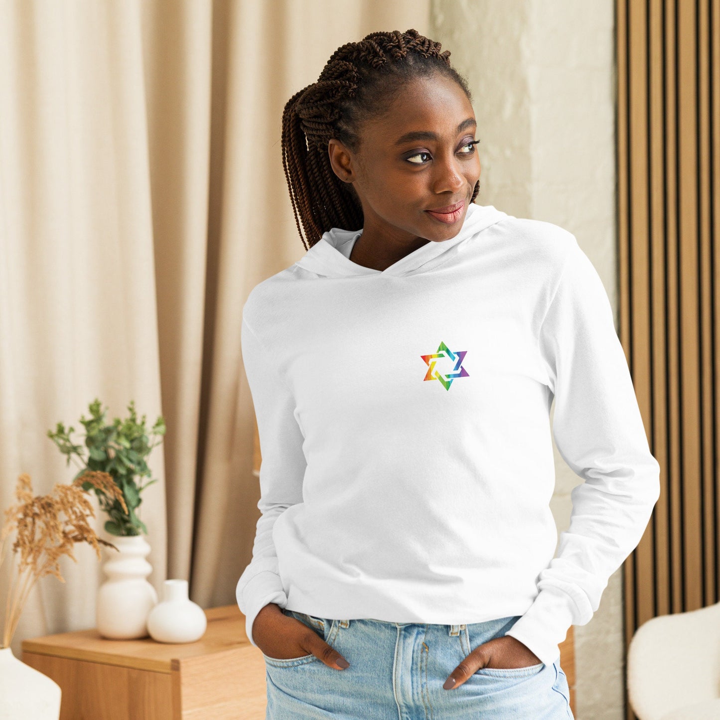 Pride Rainbow Mogen David Jewish Star Hooded Long Sleeve T-shirt LGBTQIA Gay Queer Gender Neutral in various colors